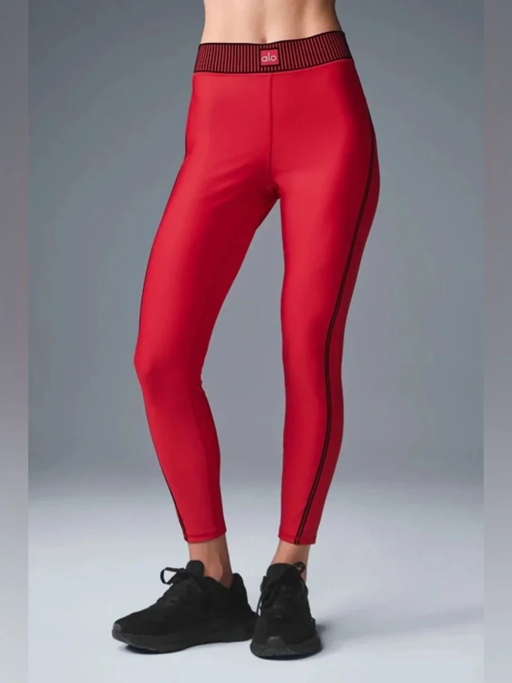 ALO YOGA Airlift High-Waist 7/8 Line Up Black Flocking Bold Red Legging EUC Sz S